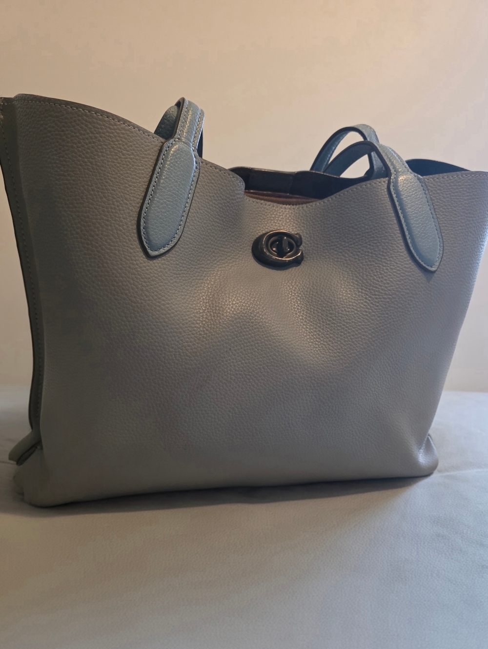 Coach Gray Pebbled Leather Tote with Light Blue Trim